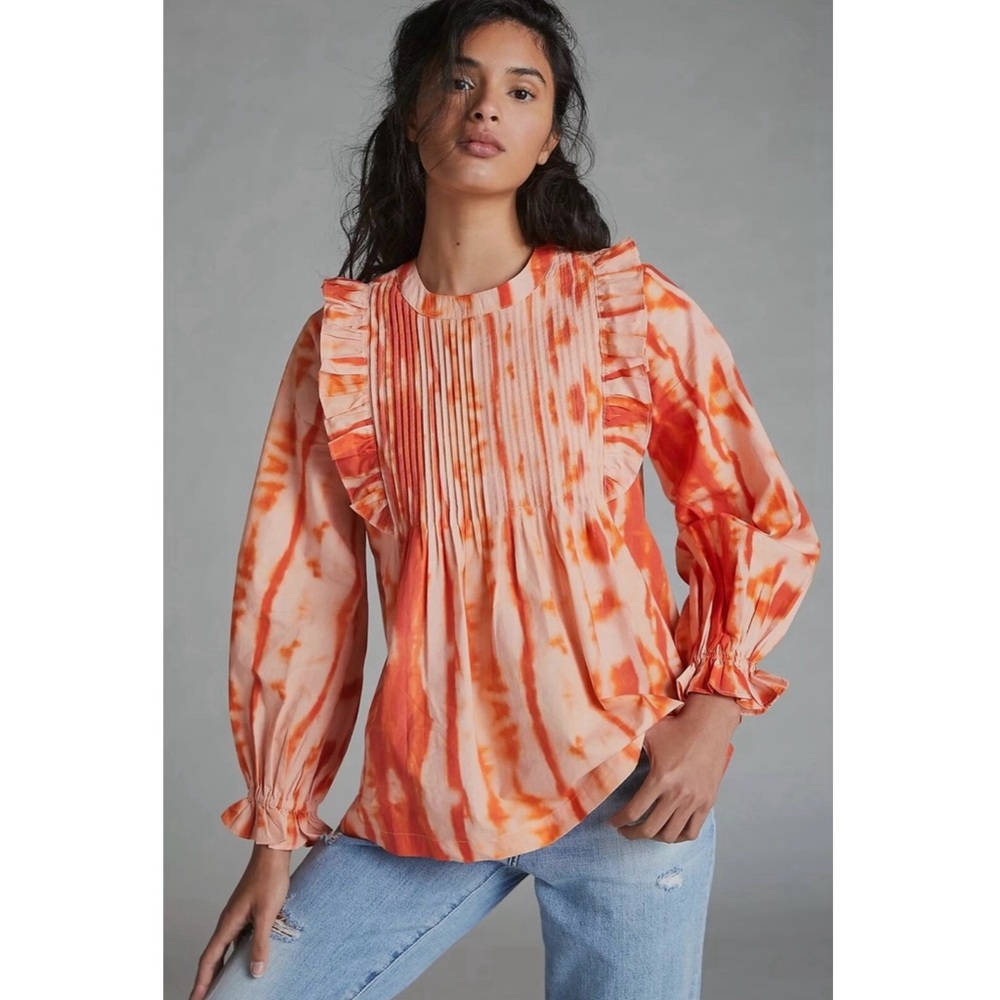 Anthropologie Samant Chauhan Emilia Ruffled Tie-Dye Blouse in Orange